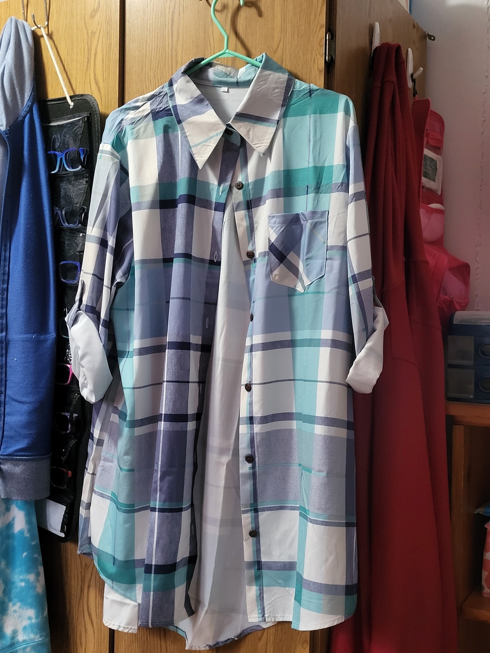 Women’s Plaid Button-Up Blouse in Teal & Blue